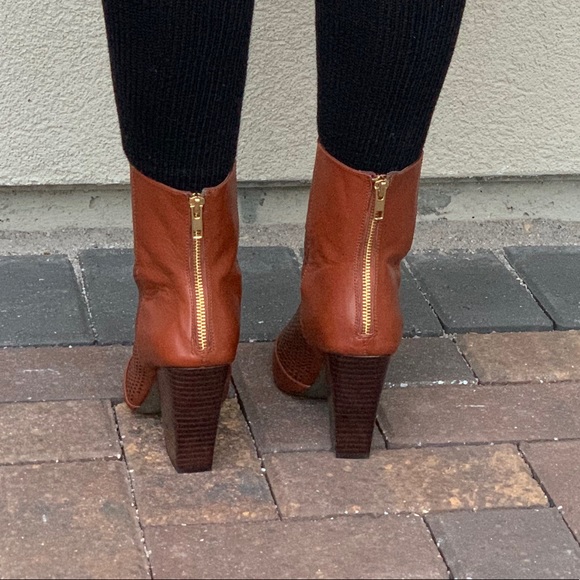 NIB Cognac Pointy Toe Perforated Heeled Boots - Picture 6 of 8